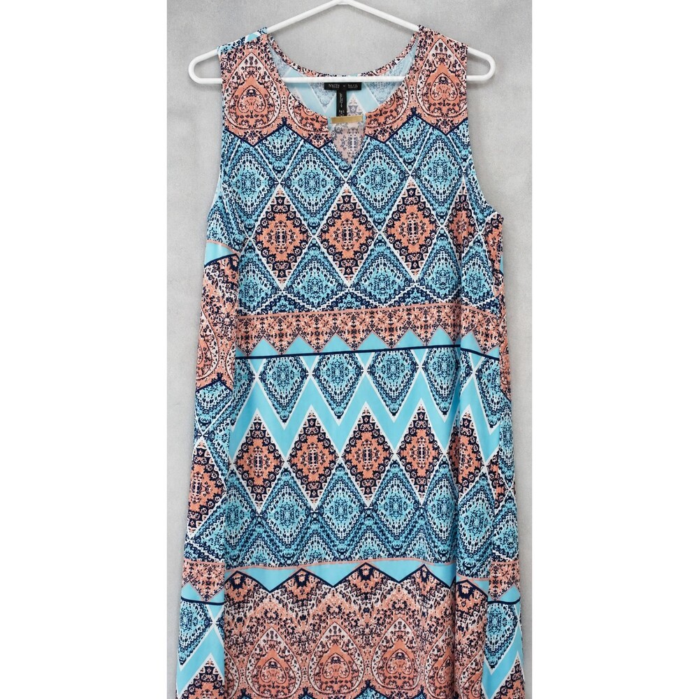 Boho Geometric Dress Womens L Blue Coral Sleeveless Tribal Print Stretch Summer